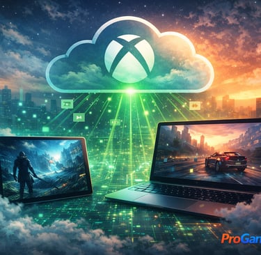 Xbox Cloud Gaming em notebook e tablet com nuvem e feixes de dados ao fundo
