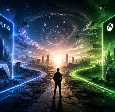 Jogador observa caminhos futuristas entre PS6 e novo Xbox.