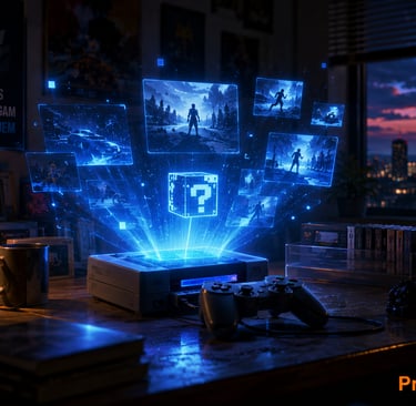Console retrô projetando hologramas de jogos clássicos em mesa gamer.