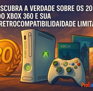 Xbox 360 comemorando 20 anos com jogos e controle, representando seu legado e a crítica à retrocompa