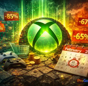 Ícone Xbox com descontos e calendário destacando promoção de fevereiro