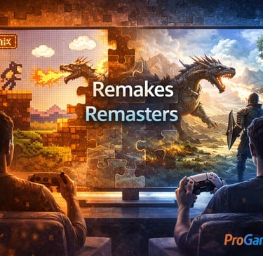 Ilustração comparando jogos clássicos em pixel art com versões modernas em gráficos realistas