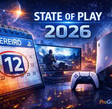Calendário marcando 12 de fevereiro com console e cenário gamer futurista