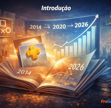 Linha do tempo da PS Plus no Brasil com gráfico e anos 2014 a 2026 em destaque