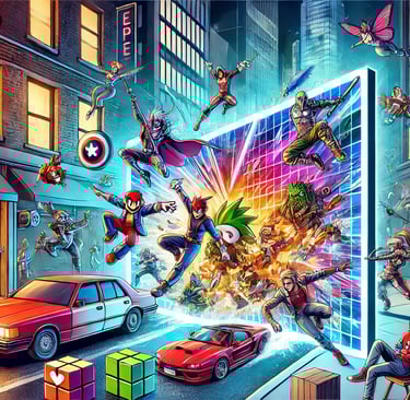 Uma ilustração vibrante de personagens inspirados em videogames saindo de telas para ambientes reais
