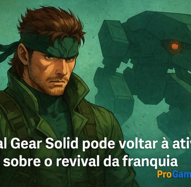 Solid Snake com Metal Gear Rex ao fundo em ilustração nostálgica horizontal.