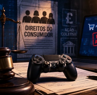 Controle de videogame ao lado de documentos legais e loja digital.