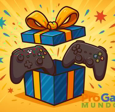 Caixa de presente com controles de PS e Xbox representando promoções de jogos.