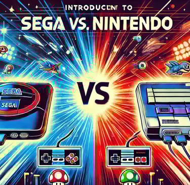 Sega Genesis e o Super Nintendo, com um estádio ao fundo simbolizando a rivalidade cultural