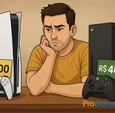 Gamer pensativo entre PS5 e Xbox, comparando preços de assinaturas em 2025.
