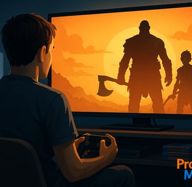 Gamer jogando PS5 com silhuetas de Kratos e Atreus na tela.