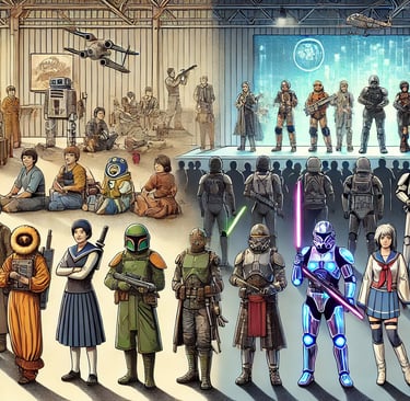evolução do cosplay, com personagens representando diferentes décadas e eventos icônicos da cultura