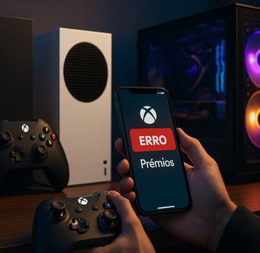 Setup com Xbox Series X|S, PC gamer e celular mostrando erro de prêmios.