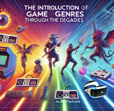 evolução dos jogos desde os anos 1970 até o futuro, com dispositivos icônicos e personagens