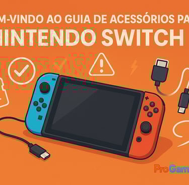 Nintendo Switch 2 com acessórios e ícones de alerta sobre fundo laranja.