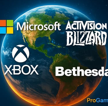 Planeta Terra com logos da Microsoft, Xbox, Bethesda e Activision Blizzard em destaque.