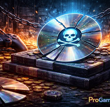 Disco de jogo fragmentado com símbolos digitais representando pirataria e distribuição ilegal