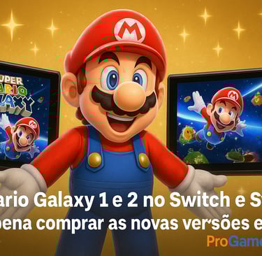 Mario entre dois consoles Switch exibindo Super Mario Galaxy em fundo dourado brilhante.