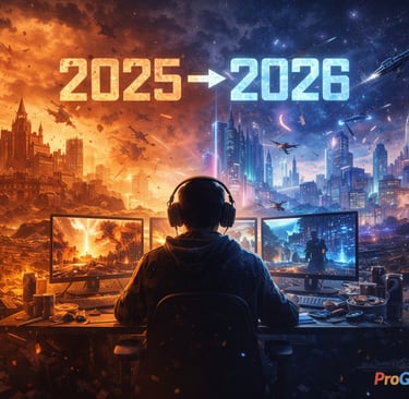 Jogador diante de telas com transição visual entre 2025 e 2026 futurista