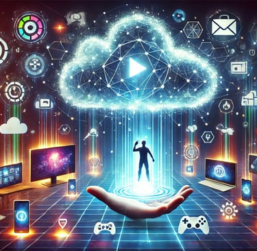 nuvem brilhante transmitindo ícones de jogos para dispositivos com um jogador usando controles holog