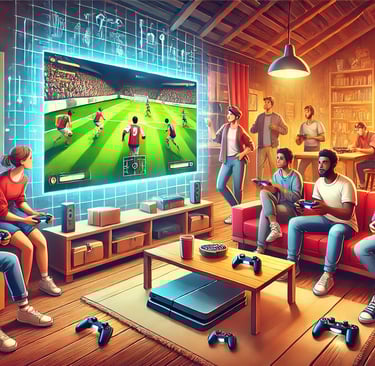 Um grupo de amigos jogando videogame em uma sala de estar aconchegante