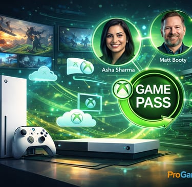 Ilustração do ecossistema Xbox com Game Pass, nuvem e integração entre telas.
