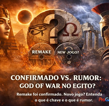 Contraste entre cenário egípcio e ruínas gregas com símbolo de dúvida central