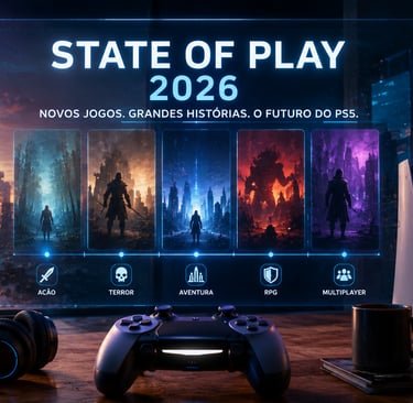 Tela holográfica do State of Play 2026 em ambiente gamer futurista.