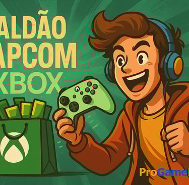 Jovem segurando controle Xbox e sacola de jogos Capcom.