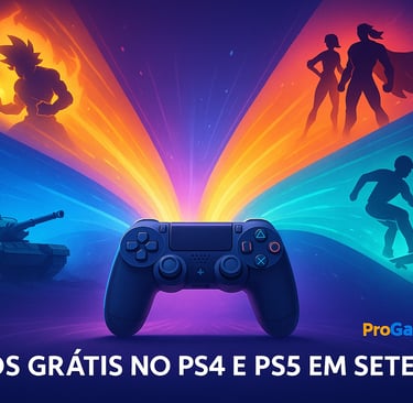 mostrando controle do PlayStation cercado por luzes que simbolizam os quatro jogos grátis de setembr