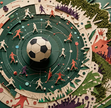 Bola cercada por jogadores, torcida e diagramas táticos em papel recortado.