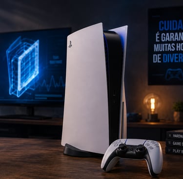 PS5 em mesa organizada com controle, iluminação azul e ambiente gamer limpo.
