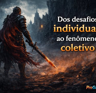 Guerreiro solitário em ruínas sombrias simbolizando o início da jornada em jogos soulslike