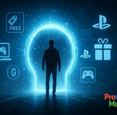 Jogador diante de um portal futurista simbolizando o início da jornada pelos jogos gratuitos.