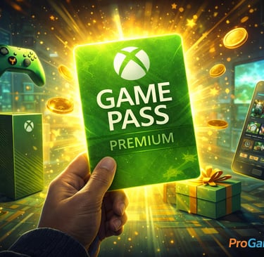 Cartão de Game Pass Premium brilhando com console, controle e celular ao fundo