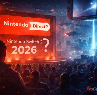 Plateia observa tela “Nintendo Direct?” com referência ao Switch 2 em 2026