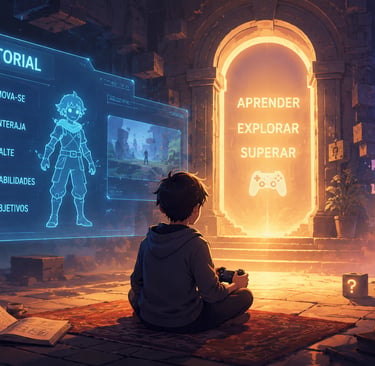 Mapa visual de aprendizado com controle, ícones e etapas de tutorial em games.