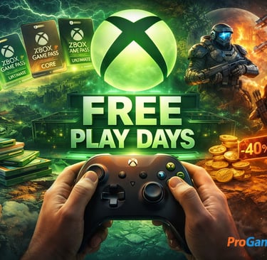 Controle Xbox em primeiro plano com elementos gráficos representando jogos e Free Play Days