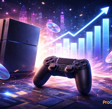 Console e controle com gráfico ascendente simbolizando crescimento do PS4
