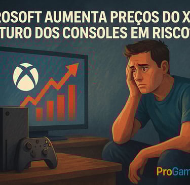 Jogador preocupado olhando para gráfico de aumento de preços do Xbox na TV.