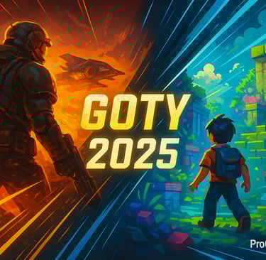 Arte digital horizontal mostra o contraste entre jogos AAA e indies, com a inscrição “GOTY 2025”