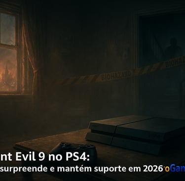 PS4 em sala escura com cidade em chamas ao fundo; atmosfera de suspense.