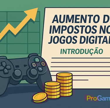 Controle gamer, moedas e gráfico subindo representam o impacto econômico dos novos impostos nos jogo