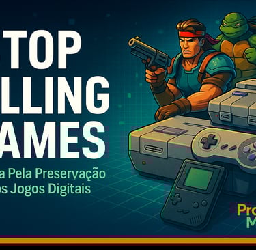 Heróis retrô e consoles clássicos em cenário neon azul e verde com o texto “Stop Killing Games”.