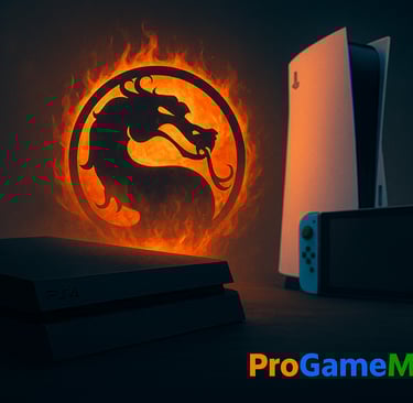 PS4 em destaque sombrio diante do logo de Mortal Kombat em chamas, com PS5 e Nintendo Switch ilumina