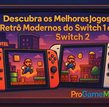 Consoles Switch exibindo jogos retrô diante de TV clássica.