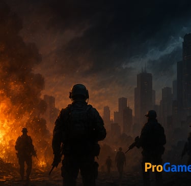 Soldados armados caminhando em uma cidade destruída com fogo e fumaça ao fundo, introdução ao artigo