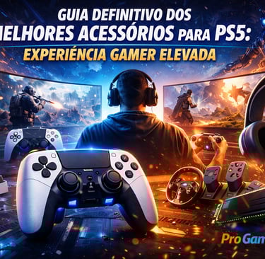 Ilustração com acessórios essenciais do PlayStation 5 que elevam a experiência gamer.