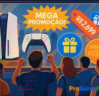 Jogadores olhando para vitrine iluminada com PS5 e anúncios de mega promoção.