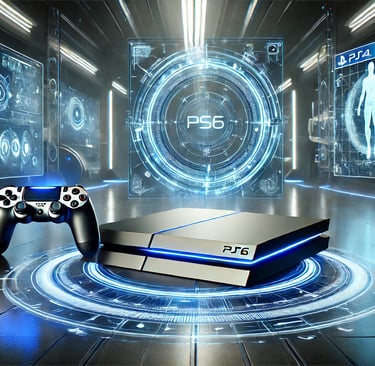 Console PS6 futurista em um ambiente de jogo de alta tecnologia, com hologramas e uma tela virtual